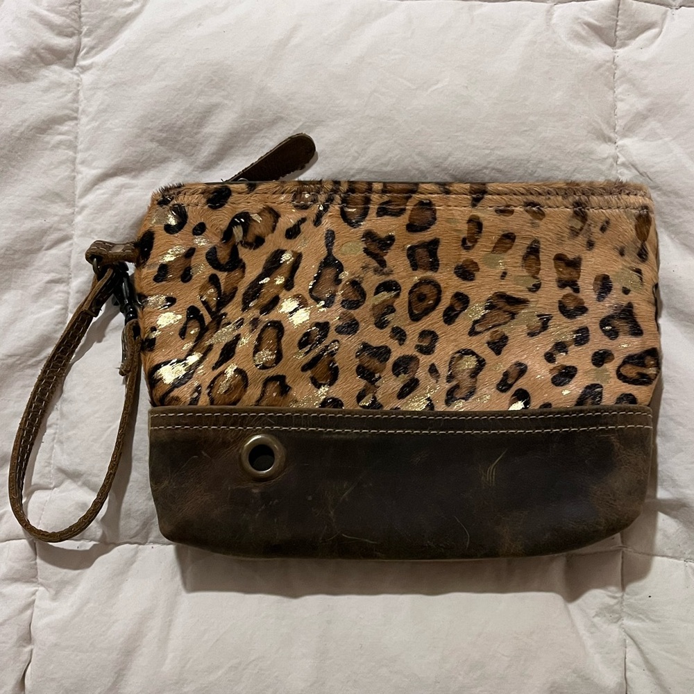 Myra Leopard Bag Pouch Delight Wristlet Leather w/Natural Hair & Brass NWOT